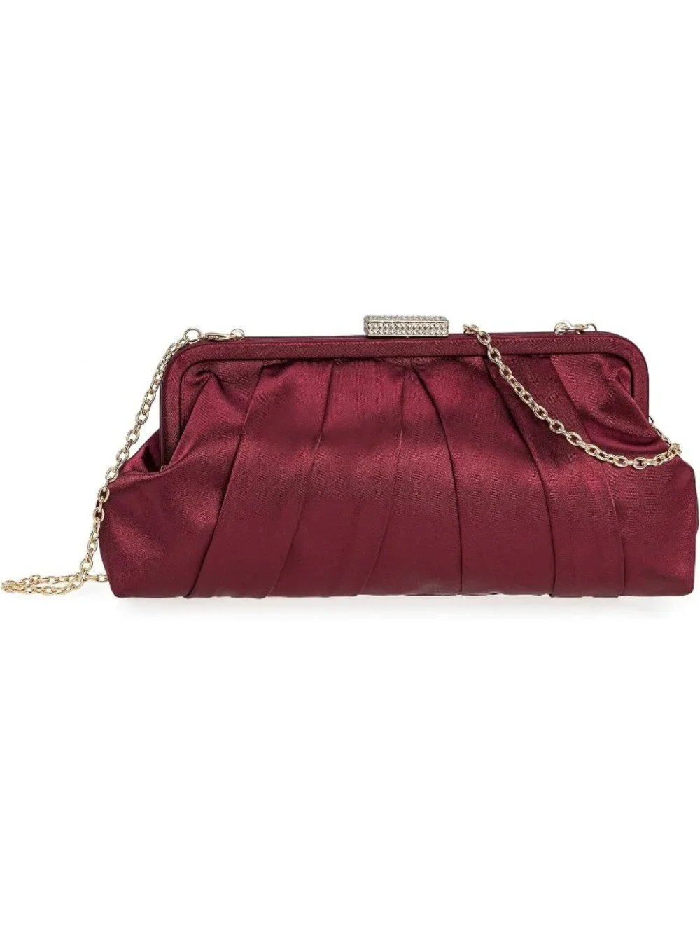 Women's Burgundy Classic Pleated Satin Clutch Purse Diamante Formal Evening Bag